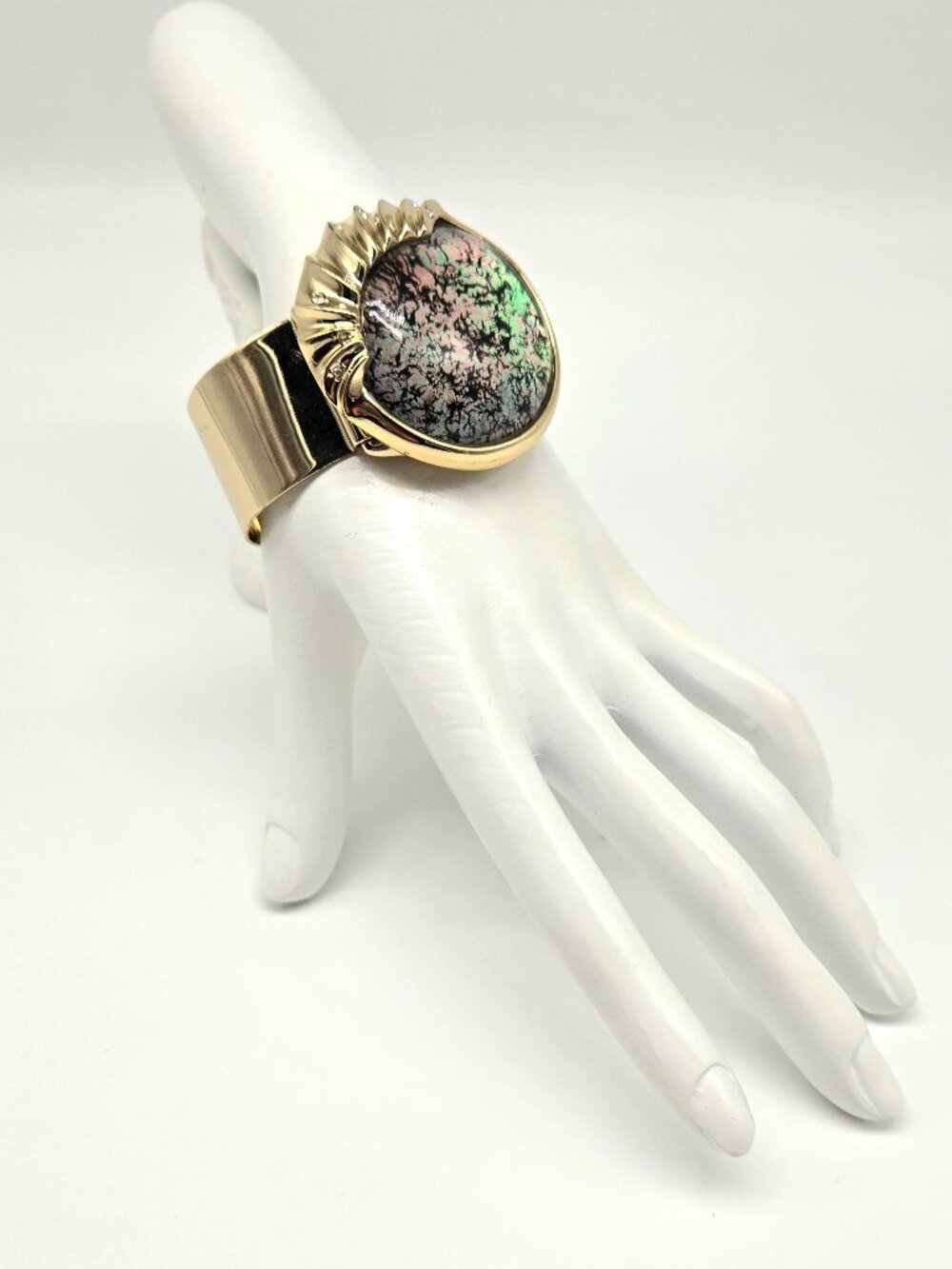 Alexis Bittar Moss Agate Statement Cuff Bracelet Gold Tone Crystal Modernist 200